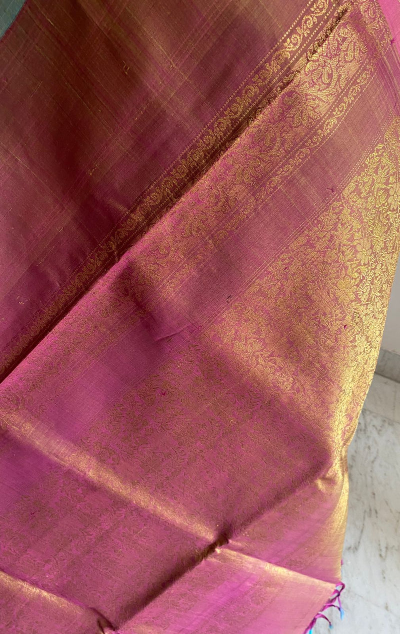 MANI- A SOOTHING, LIGHT BLUE KORVAI KANJIVARAM WITH A MAROON AND PURE GOLD ZARI WEAVE BORDER