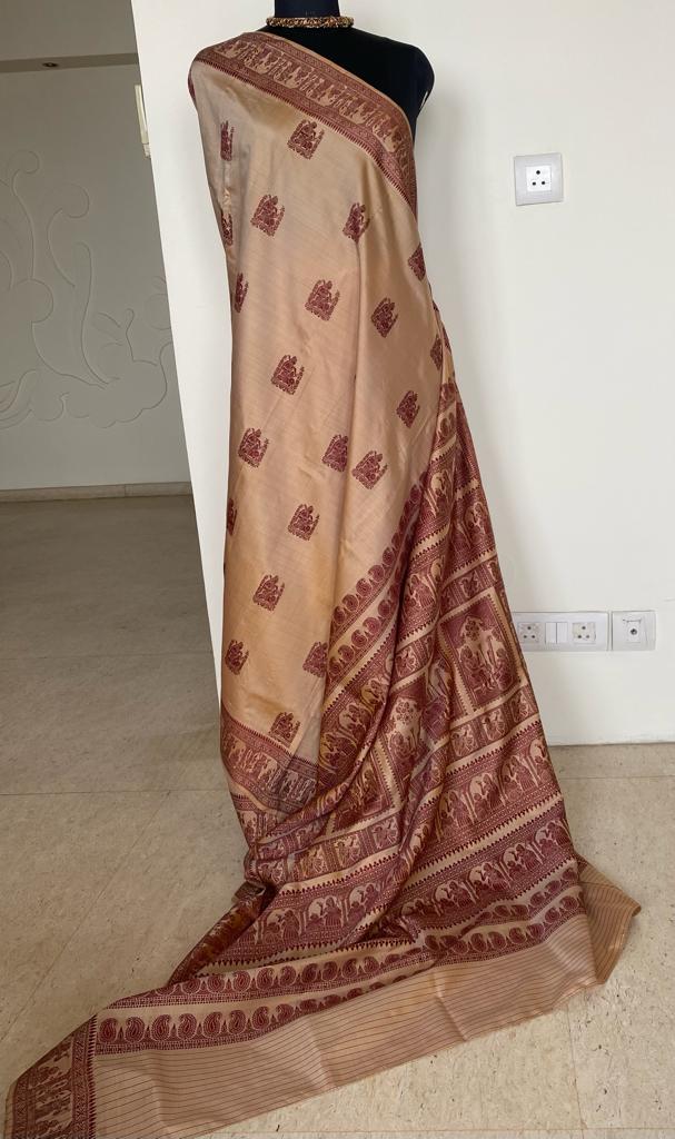 JHILMIL- PEACH AND COFFEE SYMPHONY, BALUCHARI SILK SAREE MELODIOUS MASTERPIECE
