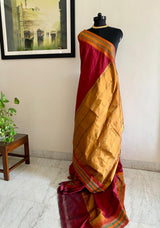 RIA- MAROON SOUTH SILK SAREE WITH GOLDEN AANCHAL AND VIBRANT ACCENTS