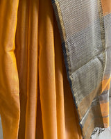 POORNIMA- A SOFT MUSTARD CHANDERI WITH CONTRAST BROAD BORDERS IN BROWN, RUNNING BLOUSE PIECE