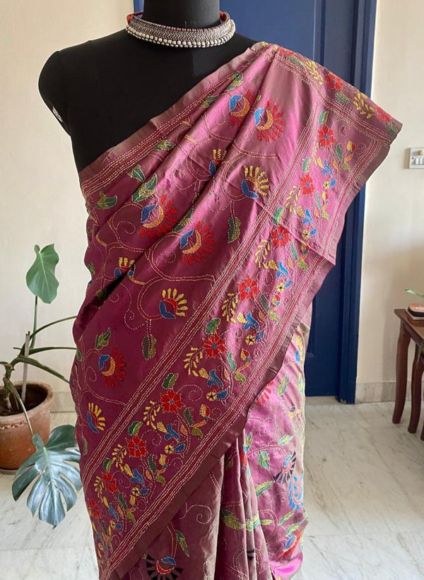EBBANI- A GORGEOUS SHOT WINE COLOUR SILK SAREE WITH KANTHA EMBROIDERY IN MULTI-COLOURS