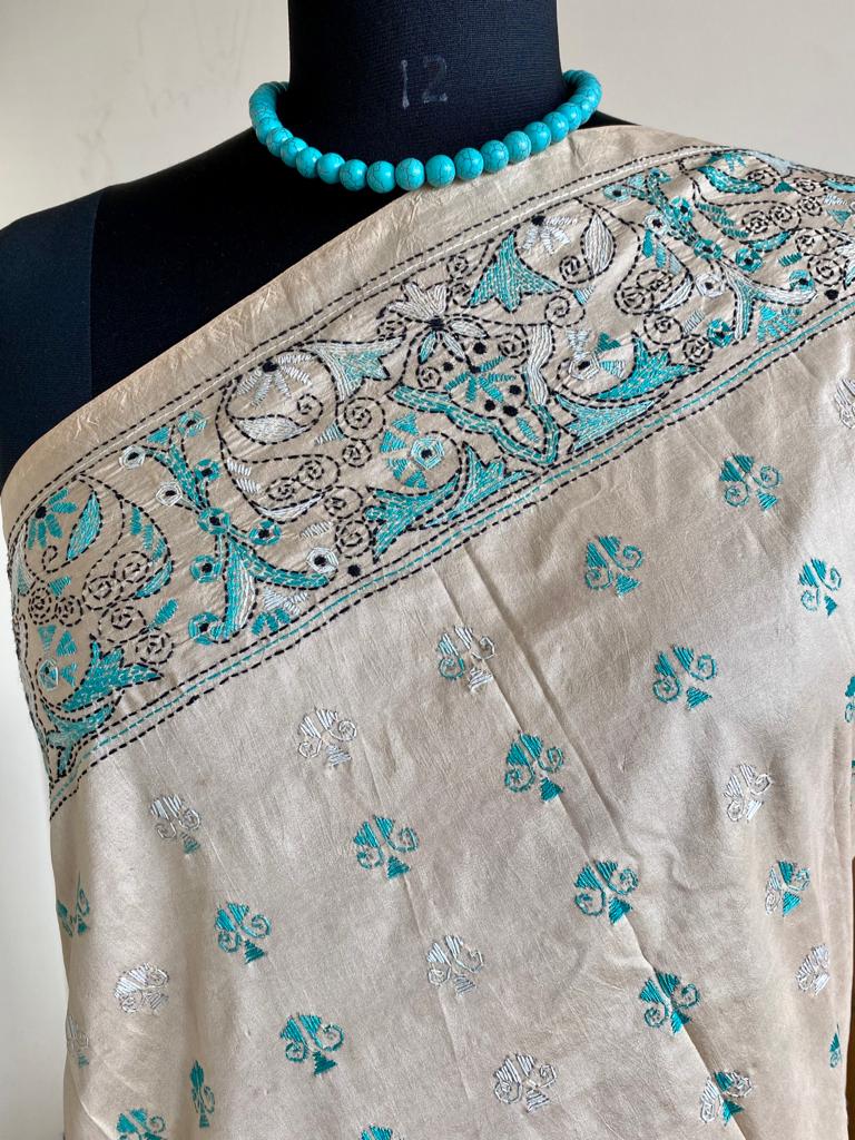 IHA- ELEGANCE IN EVERY THREAD, PEACHISH CREAM TUSSAR SILK KANTHA SAREE