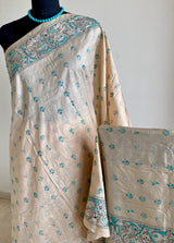 IHA- ELEGANCE IN EVERY THREAD, PEACHISH CREAM TUSSAR SILK KANTHA SAREE