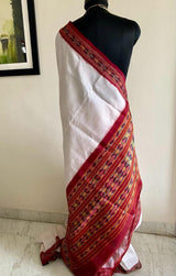 RISHA- EXQUISITE WHITE WITH MAROON BORDER, PATOLA IKKAT SAREE
