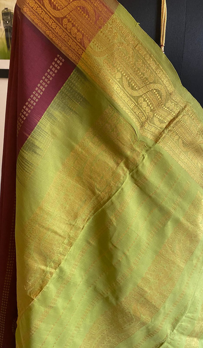 MANOJA- A SILK COTTON WITH ZARI IN A UNIQUE COMBINATION OF BROWN BODY AND PARROT GREEN BORDER AND AANCHAL