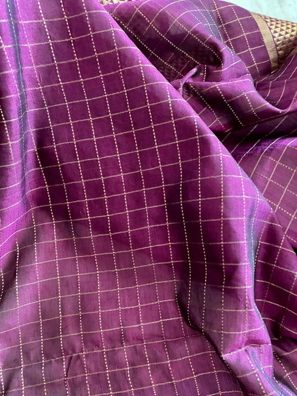 SELVI- A TIMELESS ELEGANCE IN PURPLE AND GOLD CHECKS WEAVE SILK COTTON