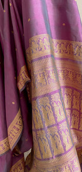 BHOOMIJA- EPIC NARRATIVES, MAUVE BALUCHARI SAREE WITH RAMAYANA STORIES WOVEN IN BEIGE BORDER AND AANCHAL