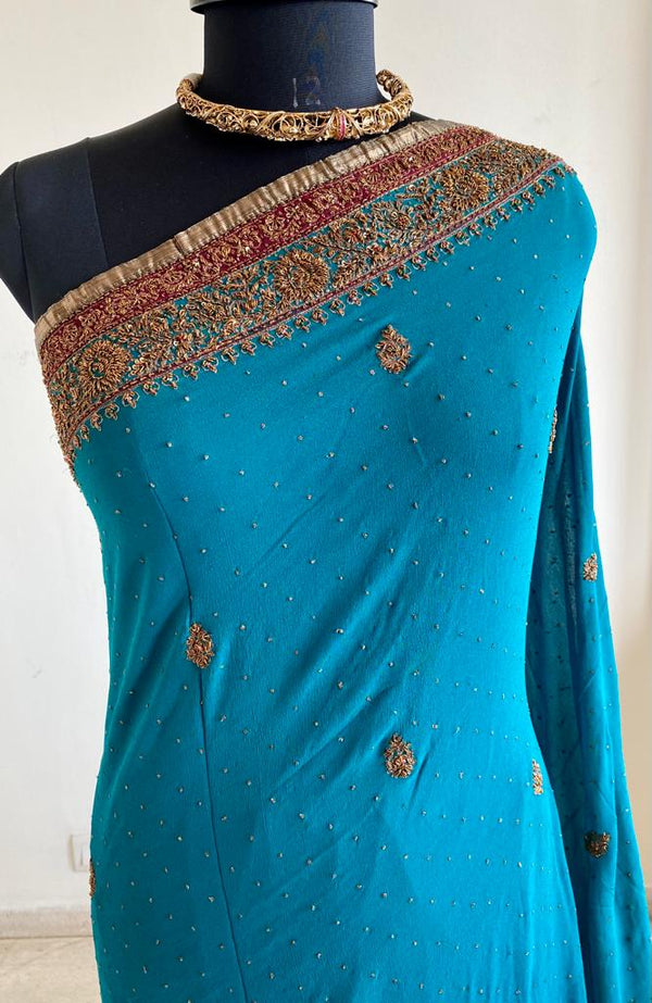 MYRA- ANTIQUE, HAND EMBROIDERED ZARDOSI ON PURE GEORGETTE IN TEAL COLOUR