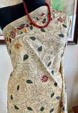 SWESHTI- CREAM TUSSAR KANTHA WITH FLORAL MOTIFS AND ELABORATE AANCHAL