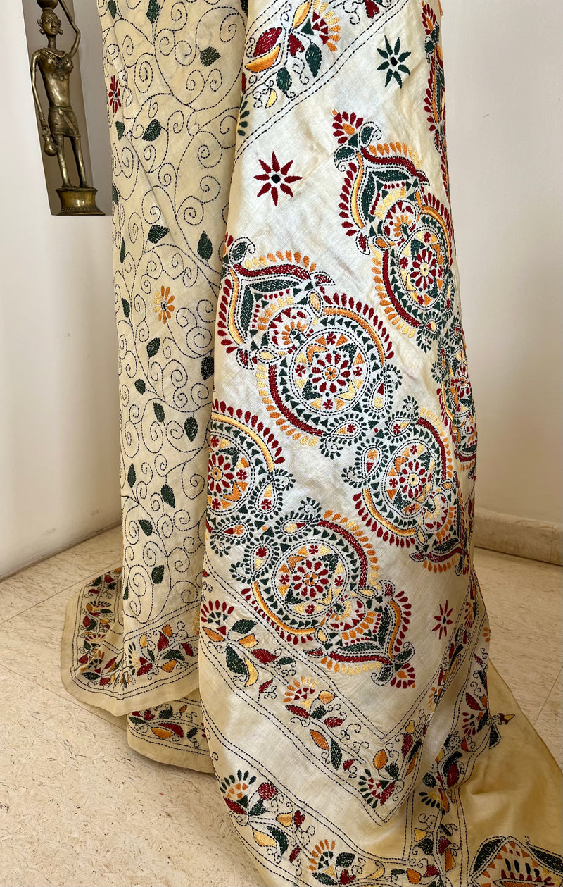 SWESHTI- CREAM TUSSAR KANTHA WITH FLORAL MOTIFS AND ELABORATE AANCHAL