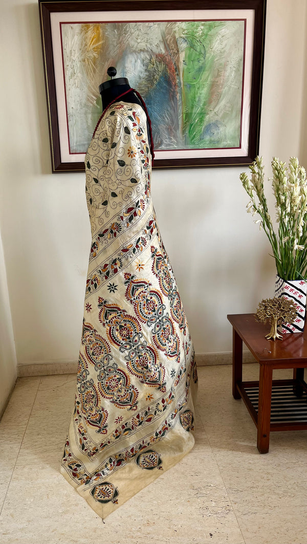 SWESHTI- CREAM TUSSAR KANTHA WITH FLORAL MOTIFS AND ELABORATE AANCHAL