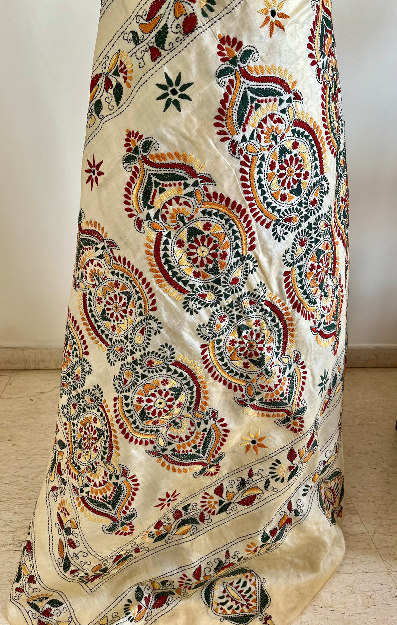 SWESHTI- CREAM TUSSAR KANTHA WITH FLORAL MOTIFS AND ELABORATE AANCHAL