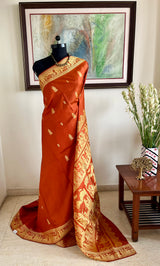 SRESHA - RUST BALUCHARI SILK WITH MYTHOLOGICAL AANCHAL