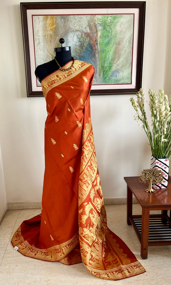 SRESHA - RUST BALUCHARI SILK WITH MYTHOLOGICAL AANCHAL