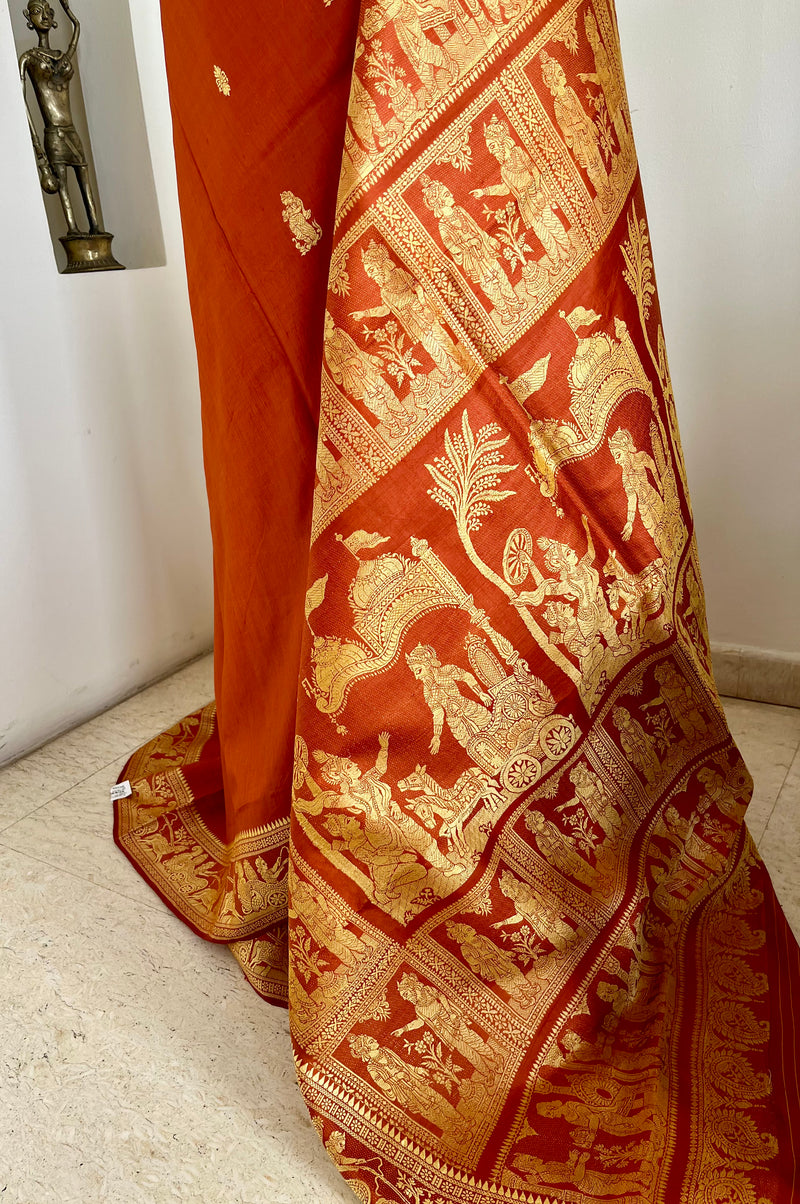 SRESHA - RUST BALUCHARI SILK WITH MYTHOLOGICAL AANCHAL