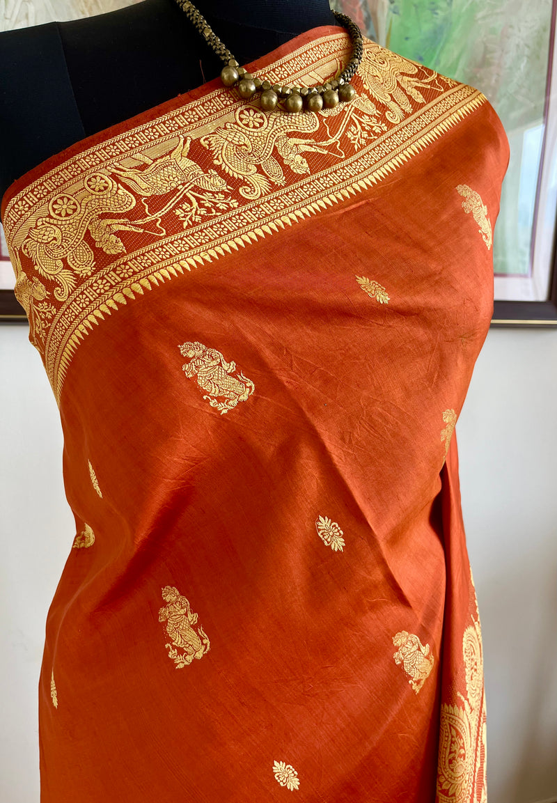SRESHA - RUST BALUCHARI SILK WITH MYTHOLOGICAL AANCHAL