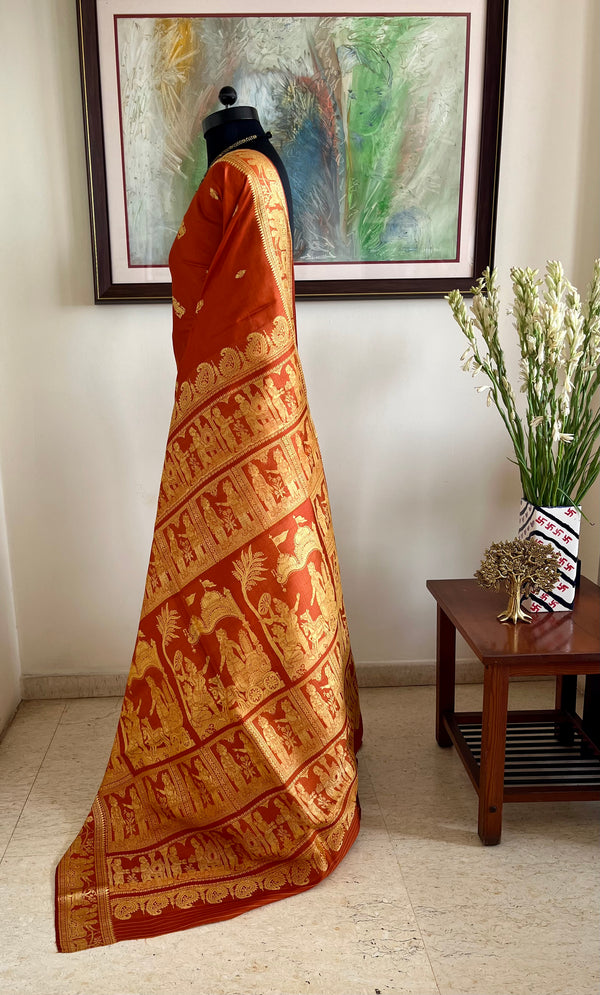 SRESHA - RUST BALUCHARI SILK WITH MYTHOLOGICAL AANCHAL