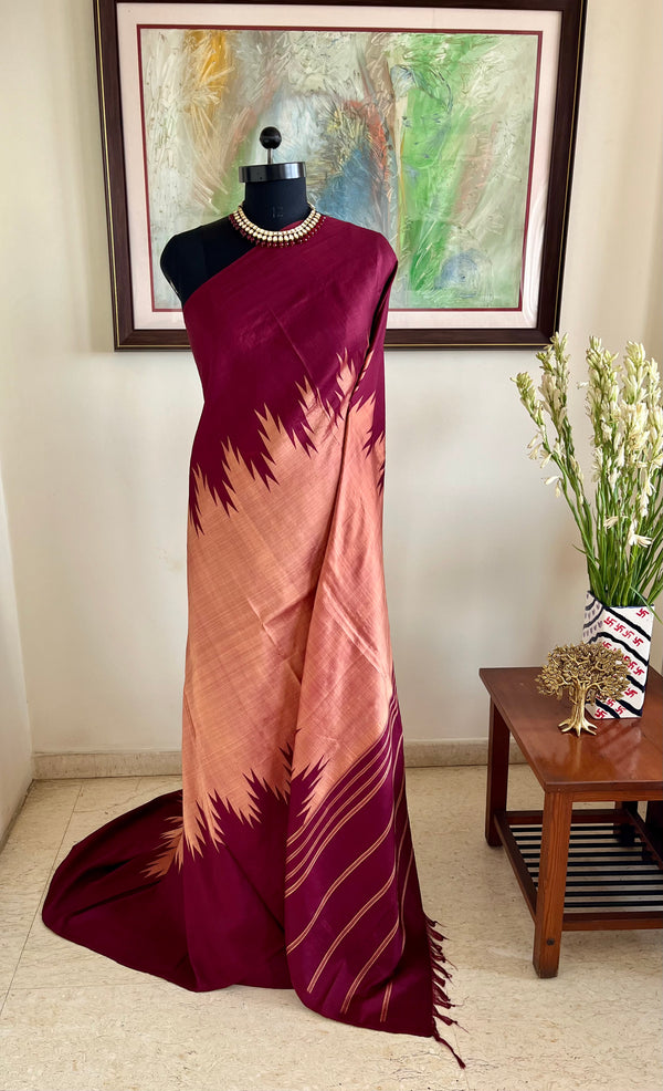 KAMAKSHI - PEACH ARNI SILK WITH COFFEE MAROON AANCHAL
