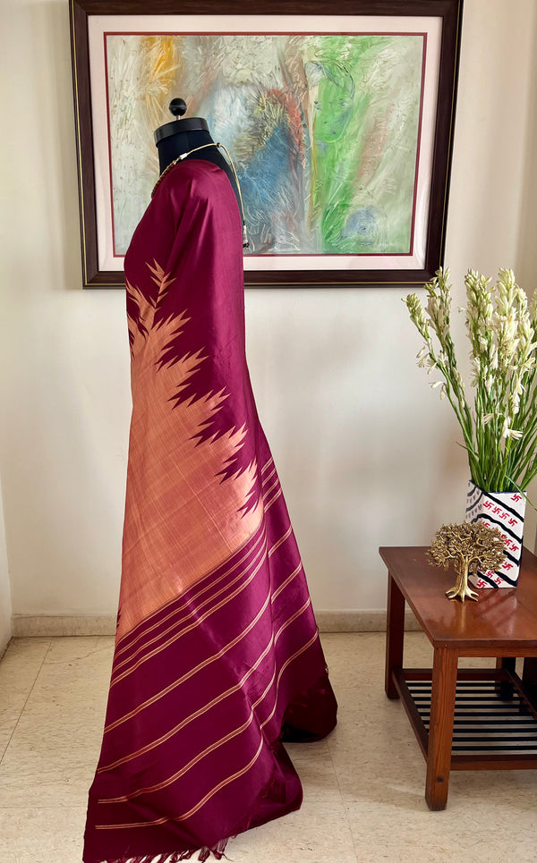 KAMAKSHI - PEACH ARNI SILK WITH COFFEE MAROON AANCHAL