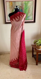 ROHISHA — PEACHISH PINK POCHAMPALLY WITH A STRIKING RED AANCHAL