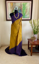 ISHARA – GOLDEN OCHRE KANJIVARAM WITH PURPLE BORDER, DUAL AANCHAL
