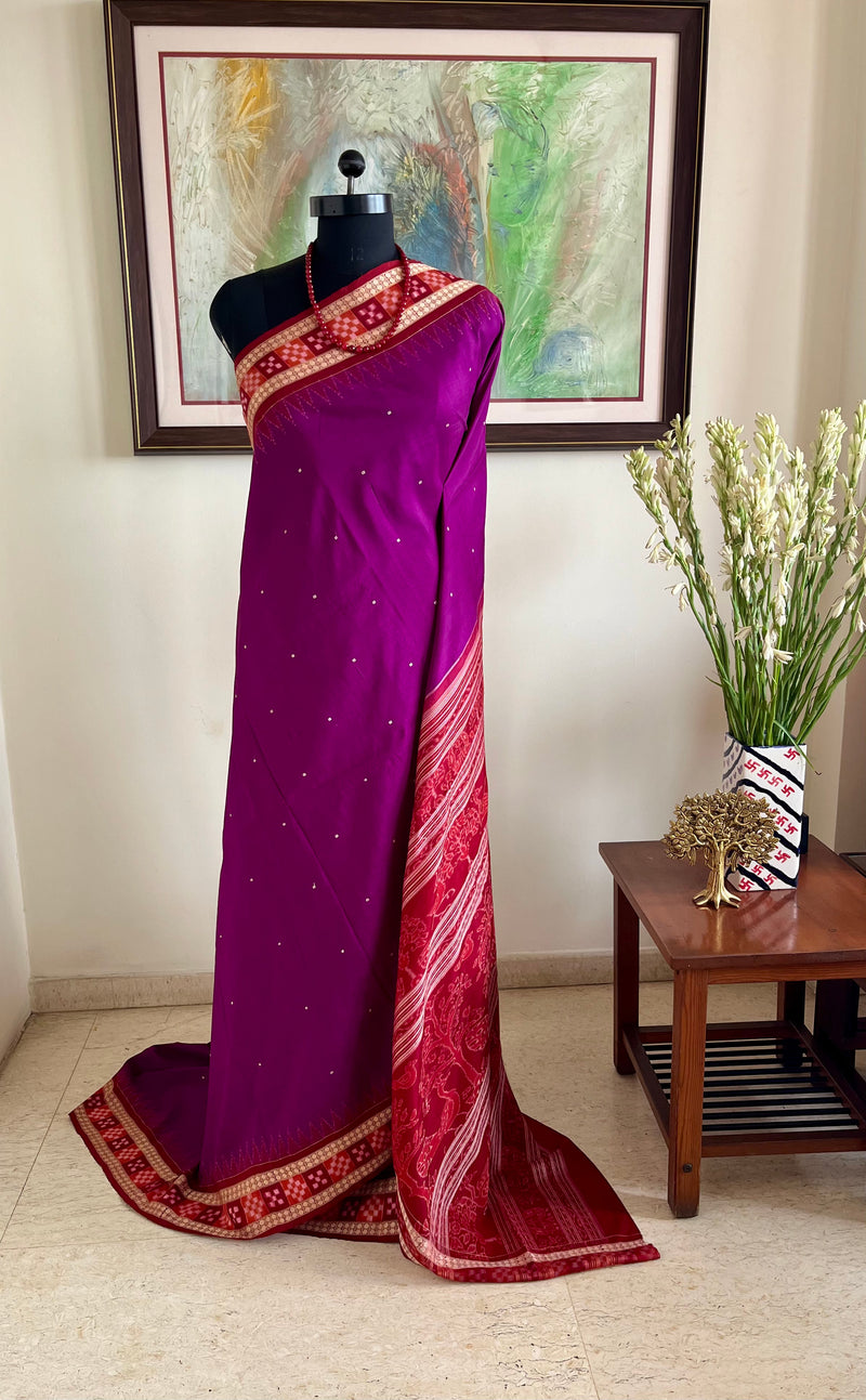SUVADARSHINI- MAGENTA SAMBALPURI SILK SAREE WITH PASAPALLI AND BANDHA