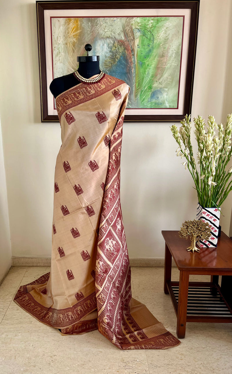 JHILMIL- EXQUISITE BALUCHARI SILK IN PEACH AND COFFEE HUES