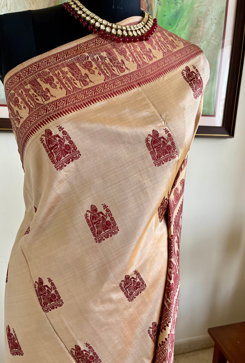 JHILMIL- EXQUISITE BALUCHARI SILK IN PEACH AND COFFEE HUES