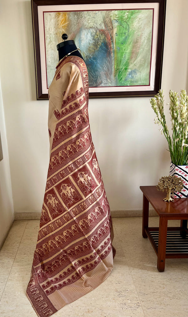 JHILMIL- EXQUISITE BALUCHARI SILK IN PEACH AND COFFEE HUES