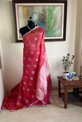 ZIYA – EXQUISITE DARK CORAL BANARASI SILK COTTON WITH SILVER ZARI