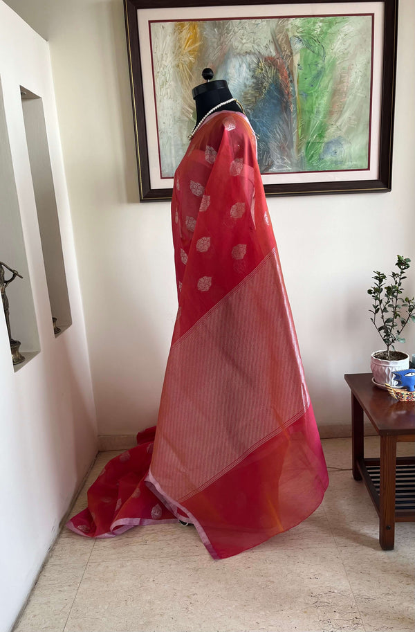 ZIYA – EXQUISITE DARK CORAL BANARASI SILK COTTON WITH SILVER ZARI