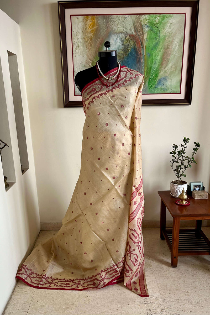 ABHIRUPA - NEVER WORN CREAM TUSSAR JAMDANI WITH MAROON MOTIFS & FLORAL BORDER