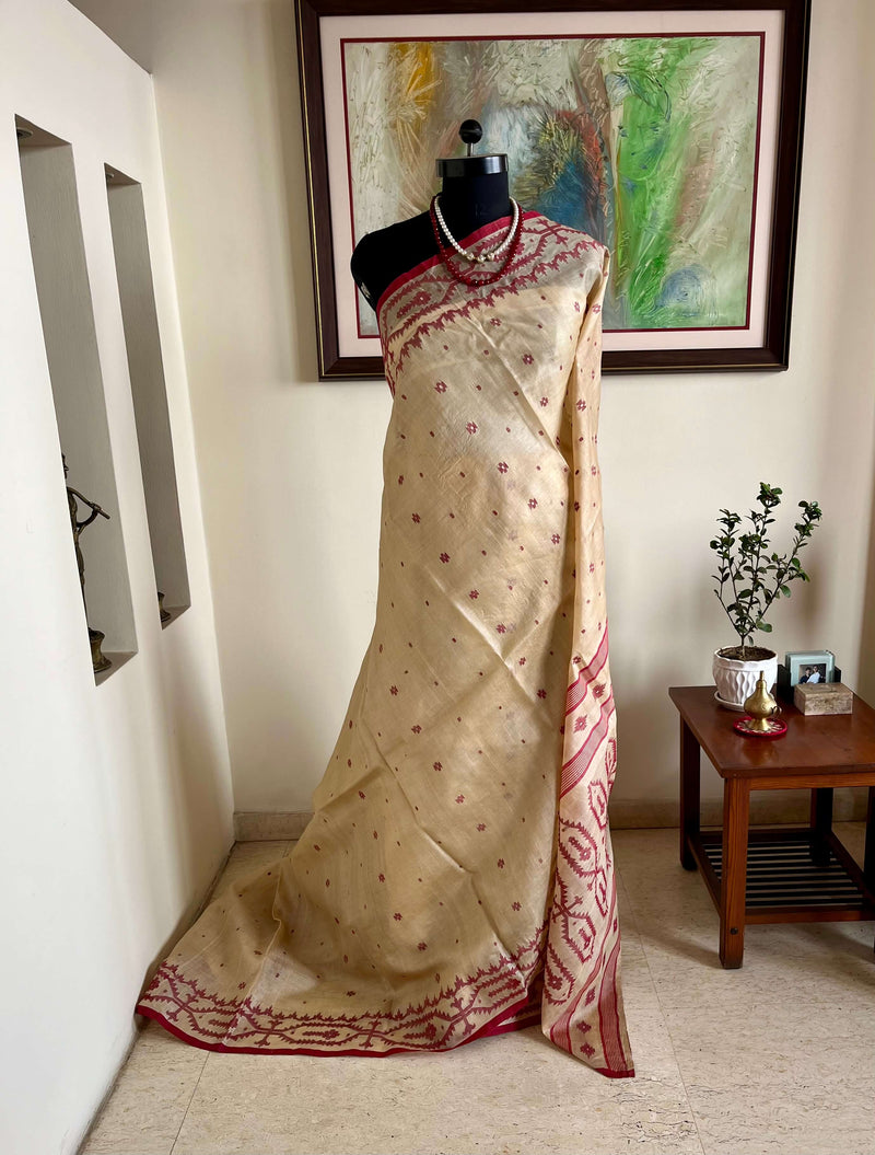 ABHIRUPA - NEVER WORN CREAM TUSSAR JAMDANI WITH MAROON MOTIFS & FLORAL BORDER