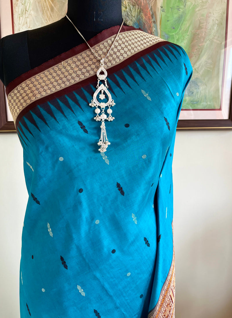 TANMAYA – BLUE BOMKAI SILK WITH RUDRAKSH AND MAROON TEMPLE BORDER