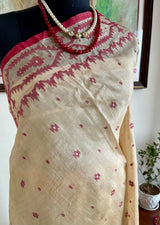 ABHIRUPA - NEVER WORN CREAM TUSSAR JAMDANI WITH MAROON MOTIFS & FLORAL BORDER