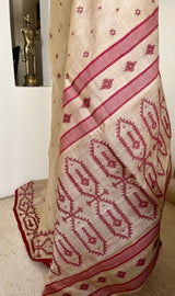 ABHIRUPA - NEVER WORN CREAM TUSSAR JAMDANI WITH MAROON MOTIFS & FLORAL BORDER