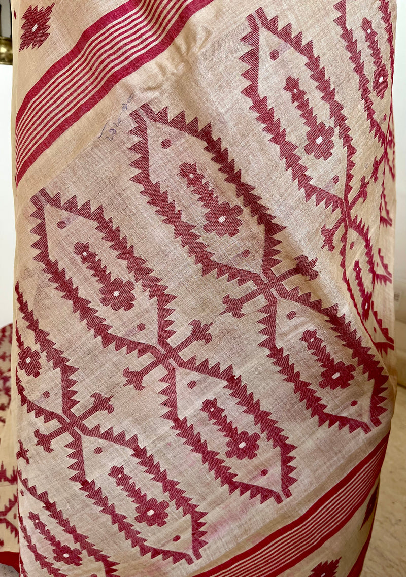 ABHIRUPA - NEVER WORN CREAM TUSSAR JAMDANI WITH MAROON MOTIFS & FLORAL BORDER