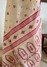 ABHIRUPA - NEVER WORN CREAM TUSSAR JAMDANI WITH MAROON MOTIFS & FLORAL BORDER