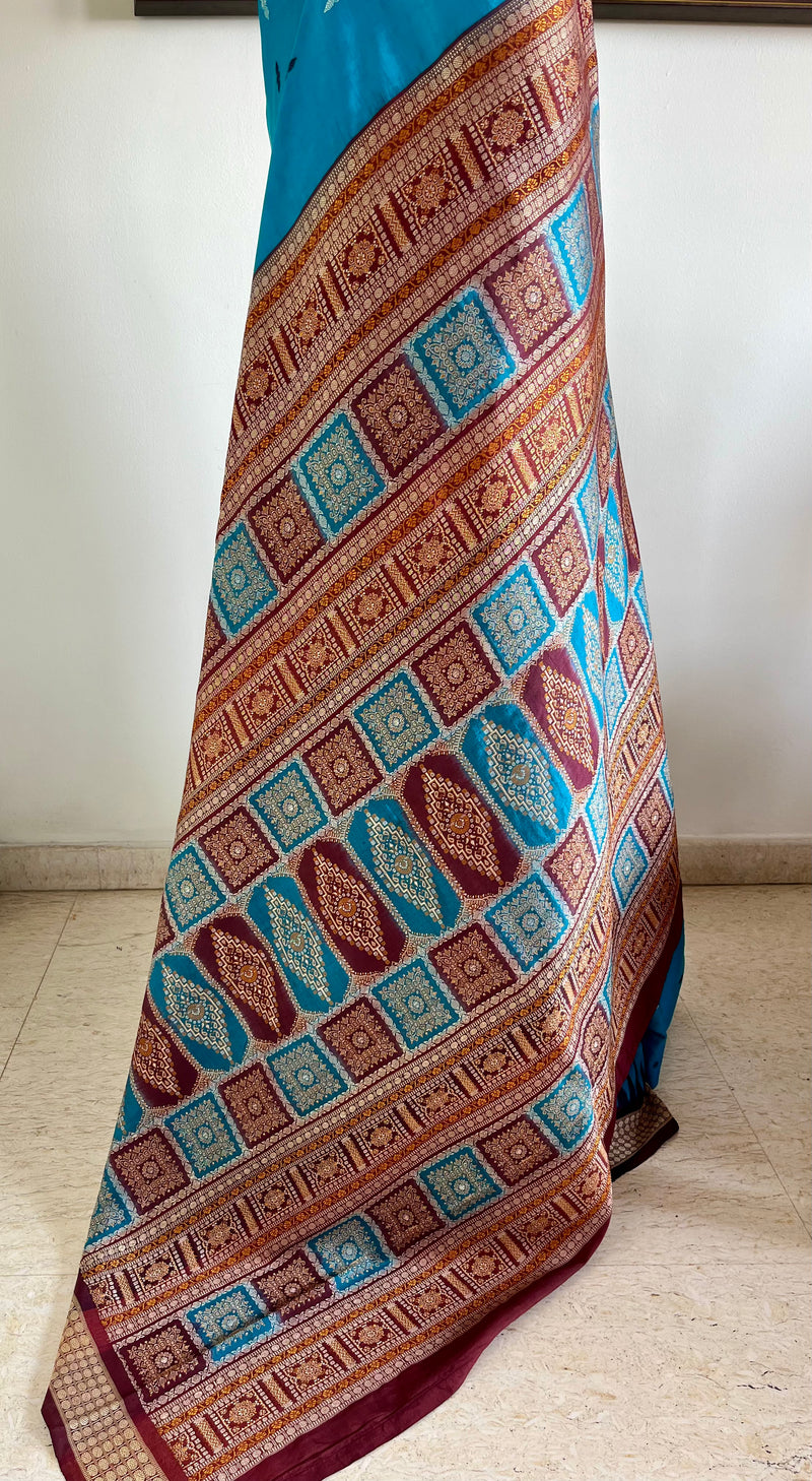TANMAYA – BLUE BOMKAI SILK WITH RUDRAKSH AND MAROON TEMPLE BORDER
