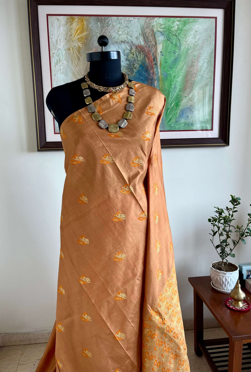 JONMOTI- RUST BROWN ASSAM SILK WITH EXQUISITE ZARI FLORAL MOTIFS