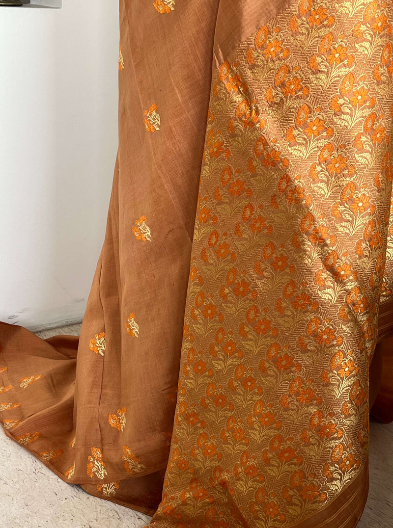 JONMOTI- RUST BROWN ASSAM SILK WITH EXQUISITE ZARI FLORAL MOTIFS