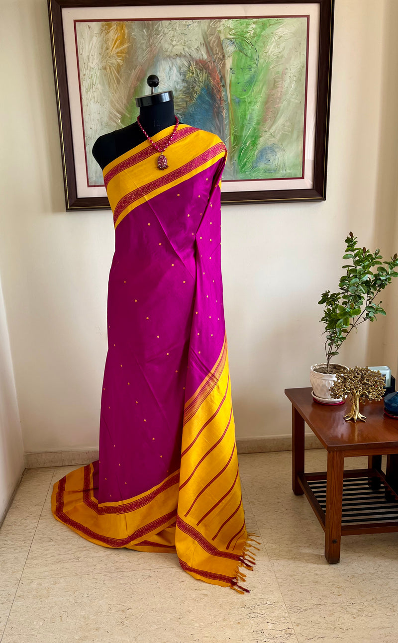 PRABHIKA – MAGENTA KORVAI KANJIVARAM WITH MUSTARD RUDRAKSHA BORDER