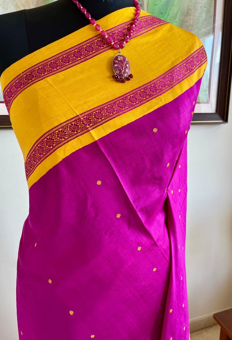 PRABHIKA – MAGENTA KORVAI KANJIVARAM WITH MUSTARD RUDRAKSHA BORDER