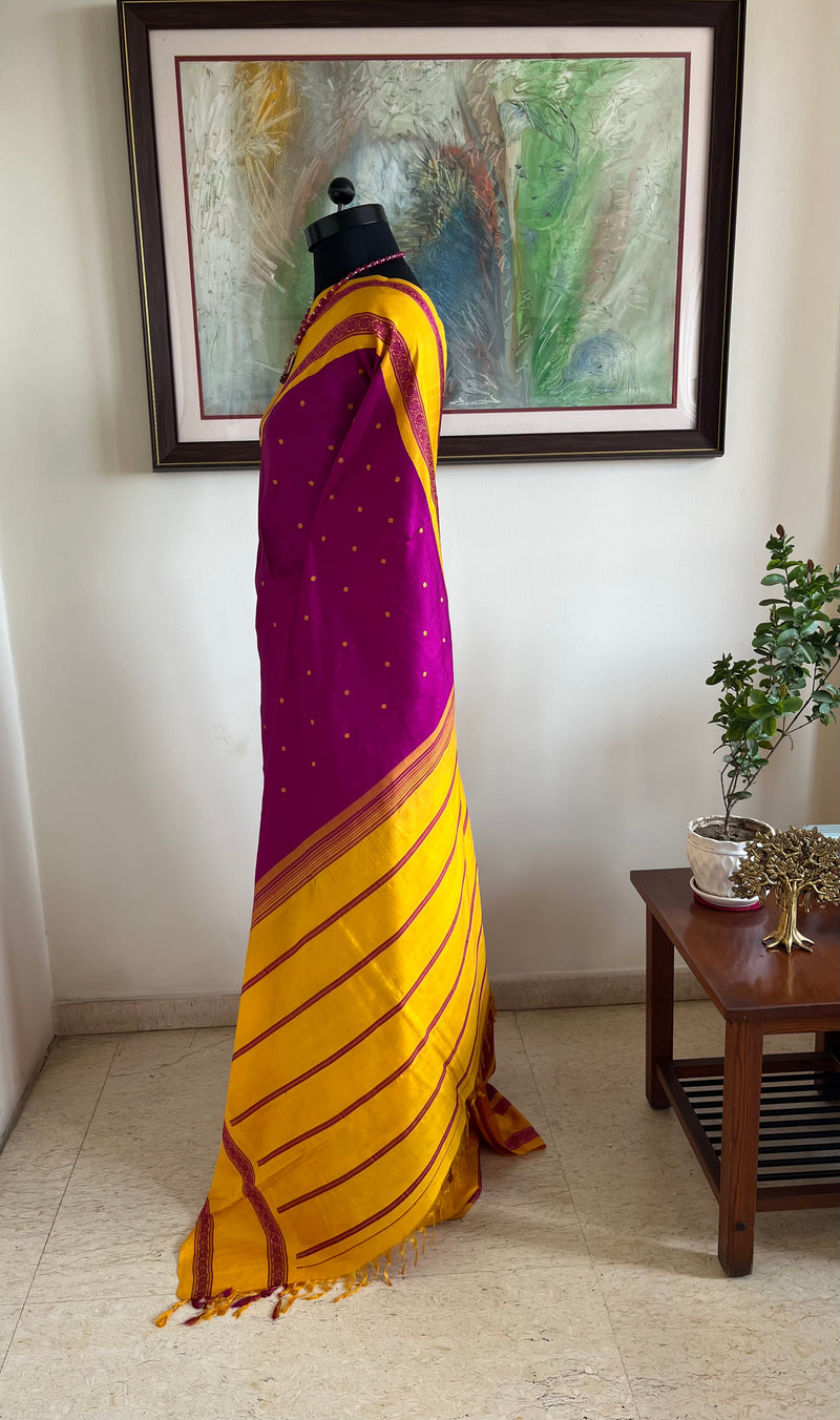 PRABHIKA – MAGENTA KORVAI KANJIVARAM WITH MUSTARD RUDRAKSHA BORDER