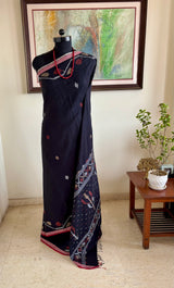 TOSHANI – BLACK COTTON JAMDANI WITH PEACH, RUST AND OFF-WHITE MOTIFS