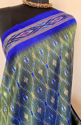 POORVI- ENCHANTING GREEN POCHAMPALLY SILK, STUNNING DIAMOND IKKAT MOTIFS