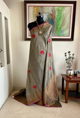 KASHI - AN EXQUISITE GREY BANARASI WITH PEACOCK FLORALS