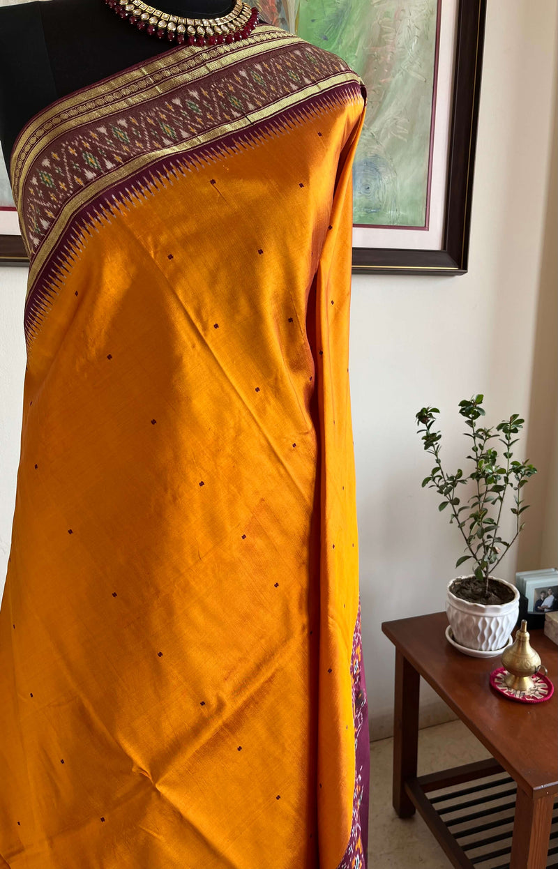 ATHVIKA – MOLTEN GOLD OCHRE POCHAMPALLY WITH MAROON IKKAT BORDER