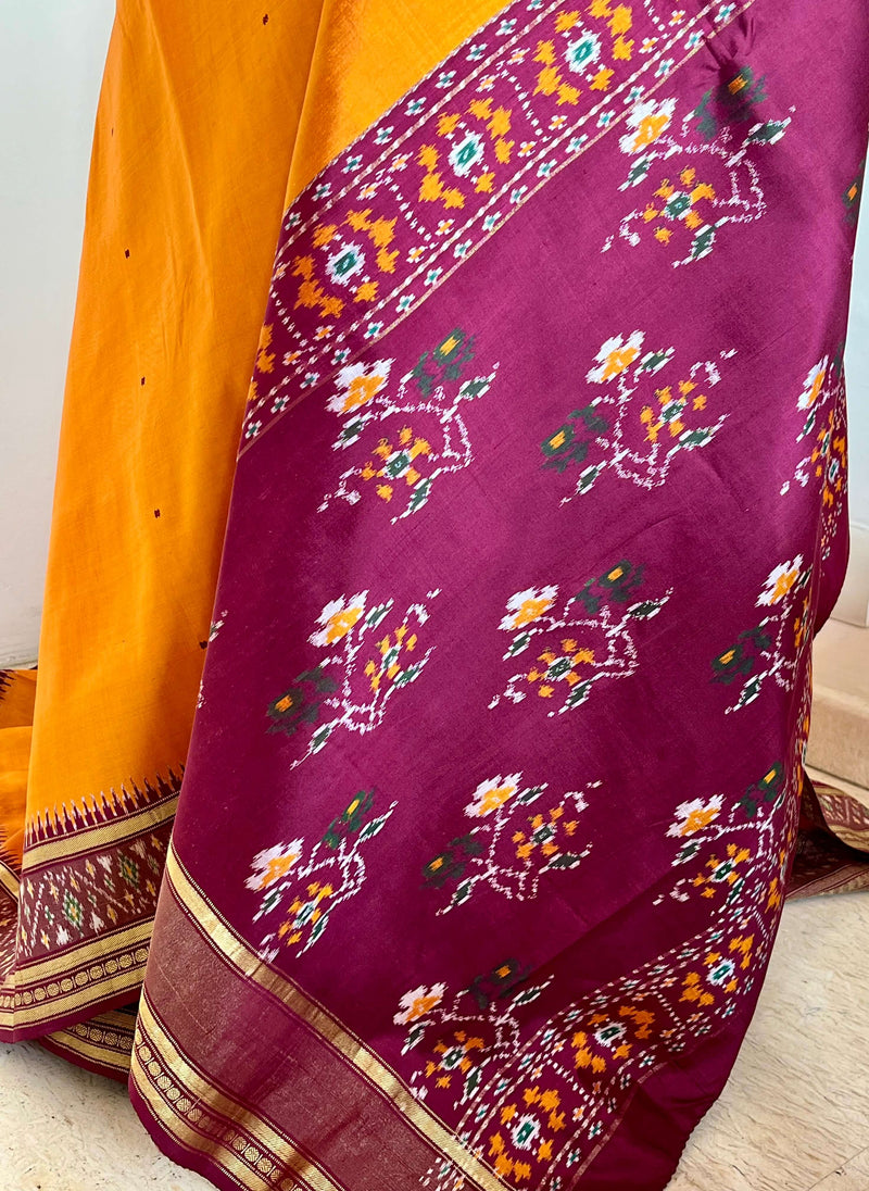 ATHVIKA – MOLTEN GOLD OCHRE POCHAMPALLY WITH MAROON IKKAT BORDER