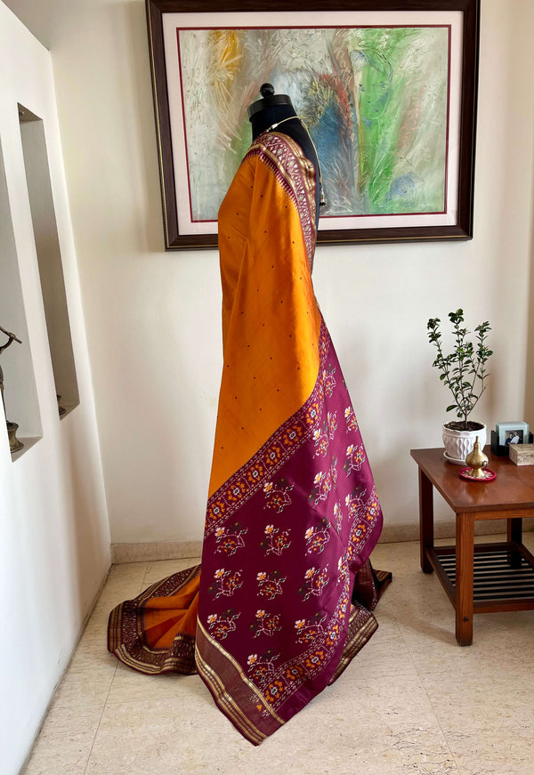 ATHVIKA – MOLTEN GOLD OCHRE POCHAMPALLY WITH MAROON IKKAT BORDER